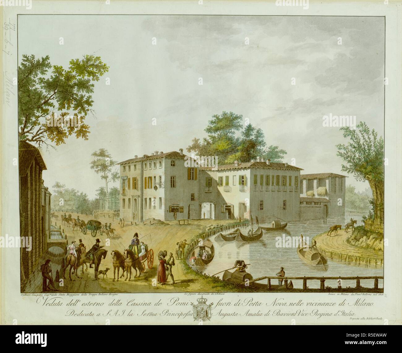 Carrelli e figure e escursioni a piedi o a cavallo sulla strada dal Naviglio della Martesana in primo piano, con barche nel canale sulla destra e Cassina de' Pomm in background. Veduta dell'album fotografico della Cassina de Pomi fuori di Porta Nova, nelle vicinanze di Milano : Dedicata a S.A.I. Serma la Principessa Augusta Amalia di Baviera vice regina d'Italia. [Milano] : [autore non identificato], [1808]. Fonte: Mappe K.Top.77.39.b.7. Lingua: Italiano. Foto Stock