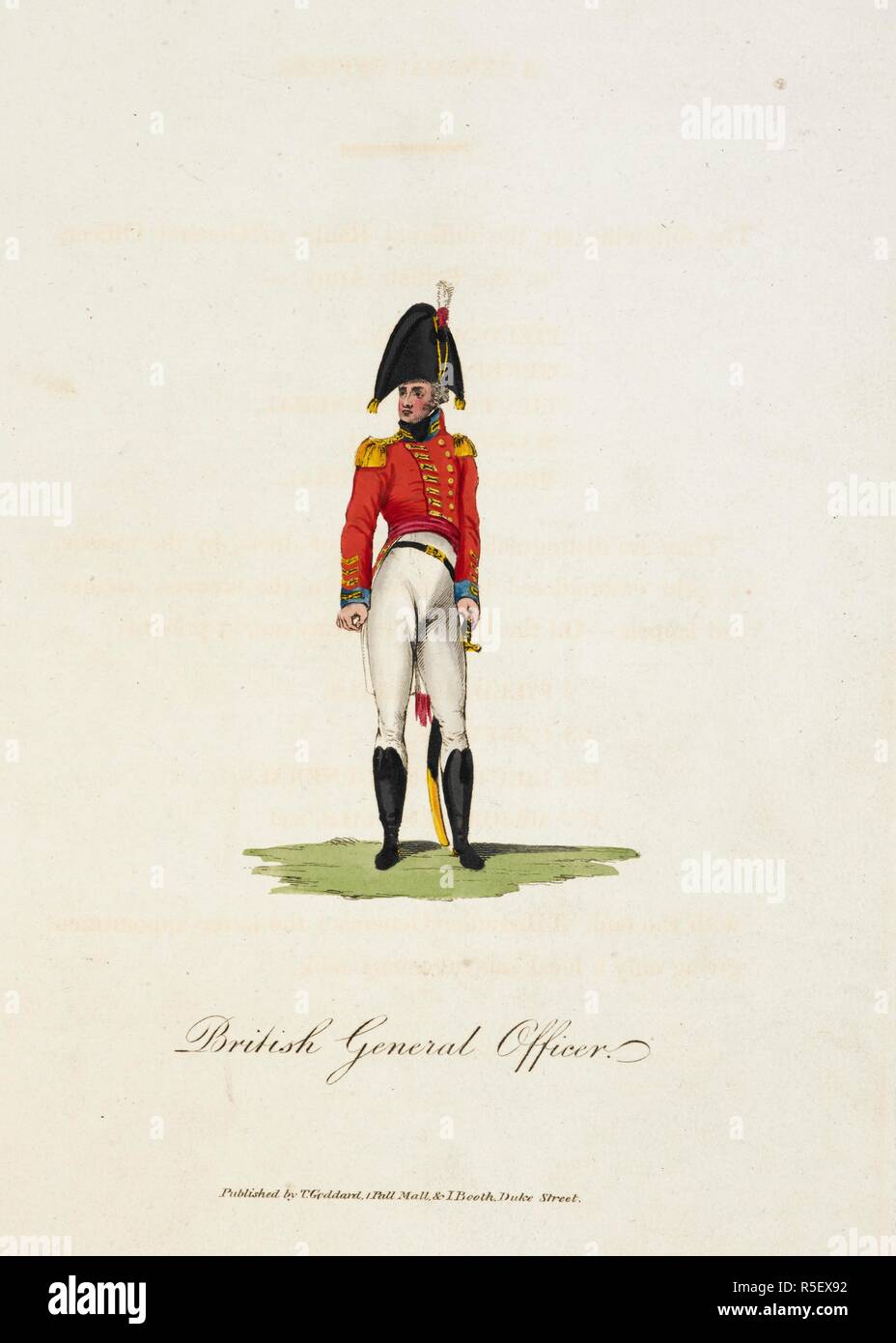 Generale Inglese Officer. Indossa un cappello armata e giacca rossa con epaulettes ed è armato di spada. Il costume militare dell'Europa si esibiva in una serie di ... Figure militari nell'uniforme dei loro diversi corps, con una descrizione concisa, ecc. Londra, 1812-22. Fonte: 140.g.21 il volume 1. Foto Stock