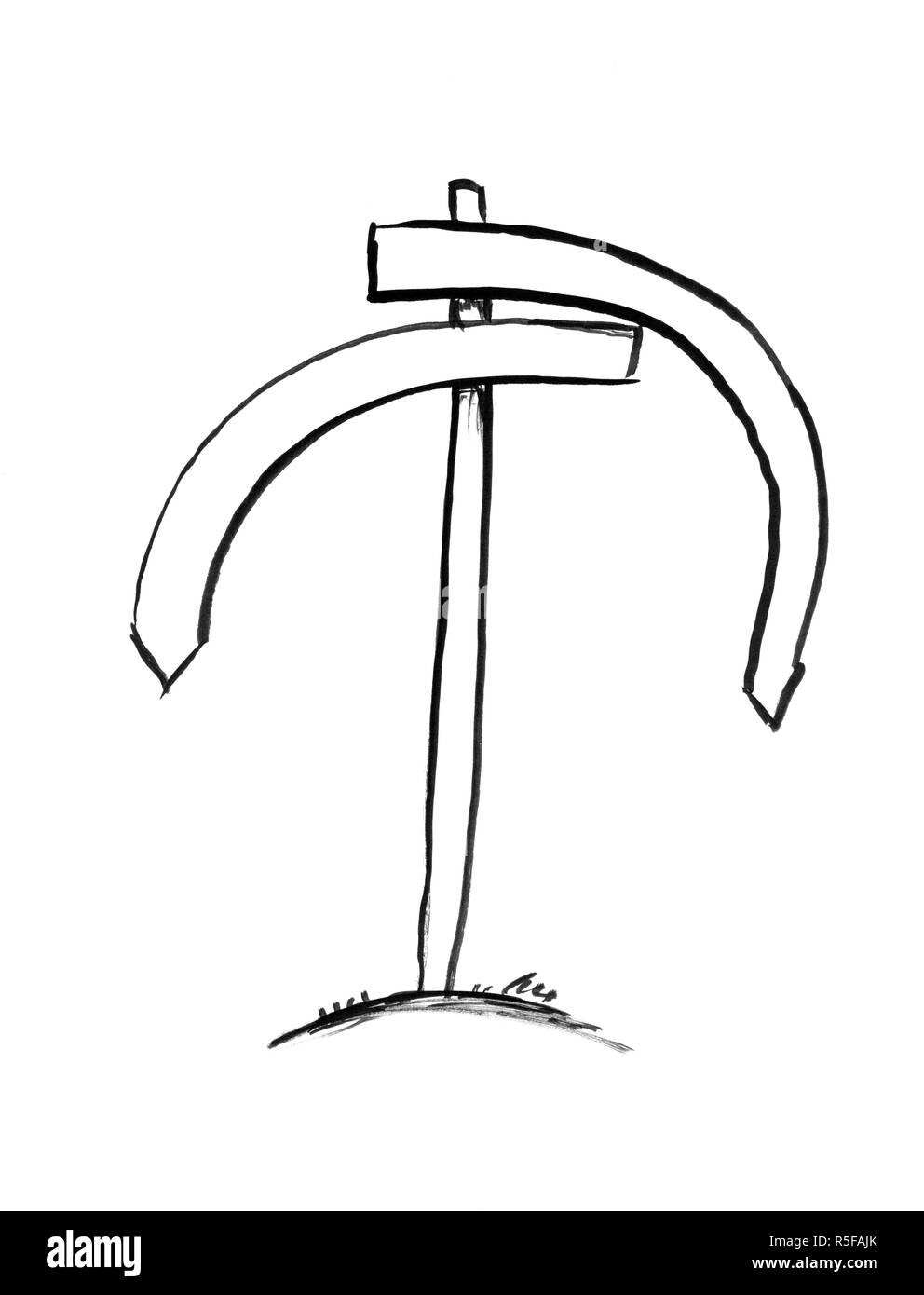 Inchiostro nero Grunge disegno a mano del cartello stradale con entrambe le frecce rivolte verso il basso Foto Stock