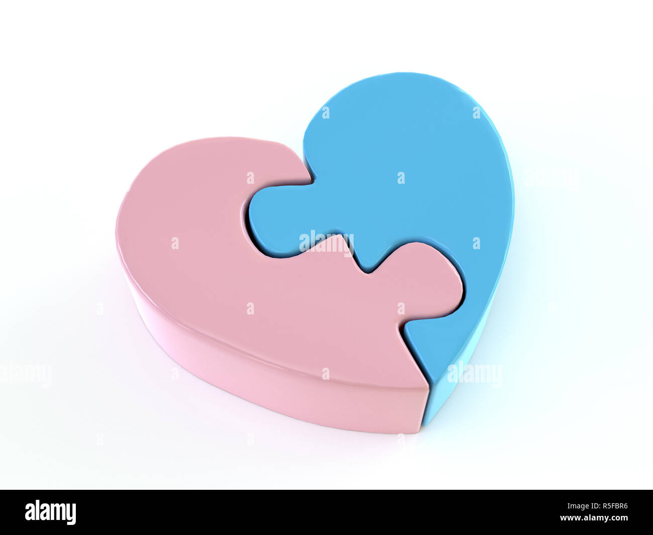 3D render di due jigsaw metà della forma di cuore in rosa e il colore blu su sfondo bianco Foto Stock