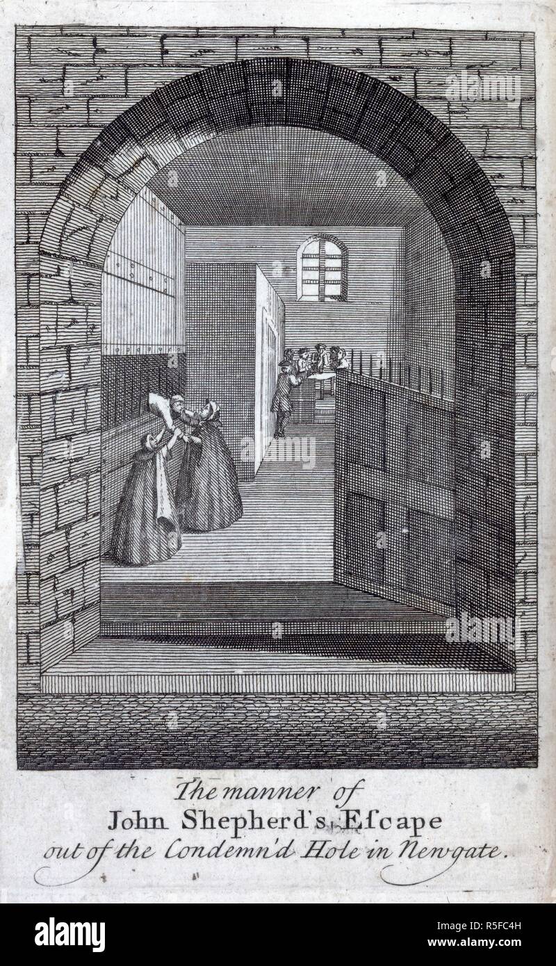 Jack Sheppard fuga. Un racconto di tutte le rapine, sfugge &c. d. John Applebee: Londra, 1724. Il modo di Jack Shepherd's sfuggire di condannare'd foro in Newgate. Immagine presa da un racconto di tutte le rapine, sfugge &c. di John Sheppard: un'esatta descrizione del modo della sua splendida fuga dal castello in Newgate scritte da lui stesso dopo il suo essere ripreso in Drury-Lane [o piuttosto, scritto da D. Defoe].a che è prefisso:d, una rappresentazione fedele della sua fuga engraven su una piastra di rame. Originariamente pubblicato/prodotto in Giovanni Applebee: Londra, 1724. . Sourc Foto Stock