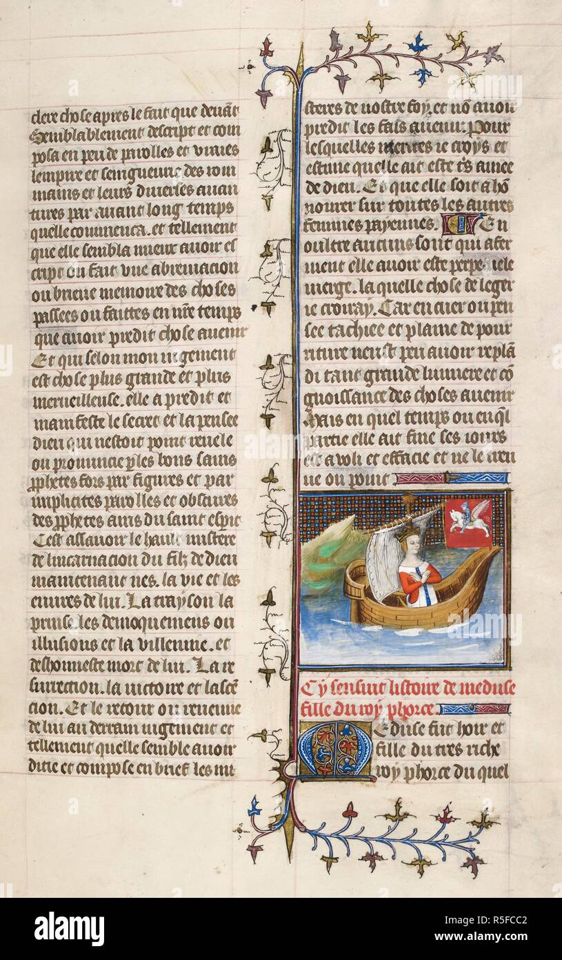 Medusa in una nave, con alfiere che rappresentano Pegasus; testo con gusto iniziale. De mulieribus claris. Inizio del XV secolo. Fonte: Royal 20 C. V, f.33. Lingua: Francese. Autore: BOCCACCIO, GIOVANNI. Foto Stock