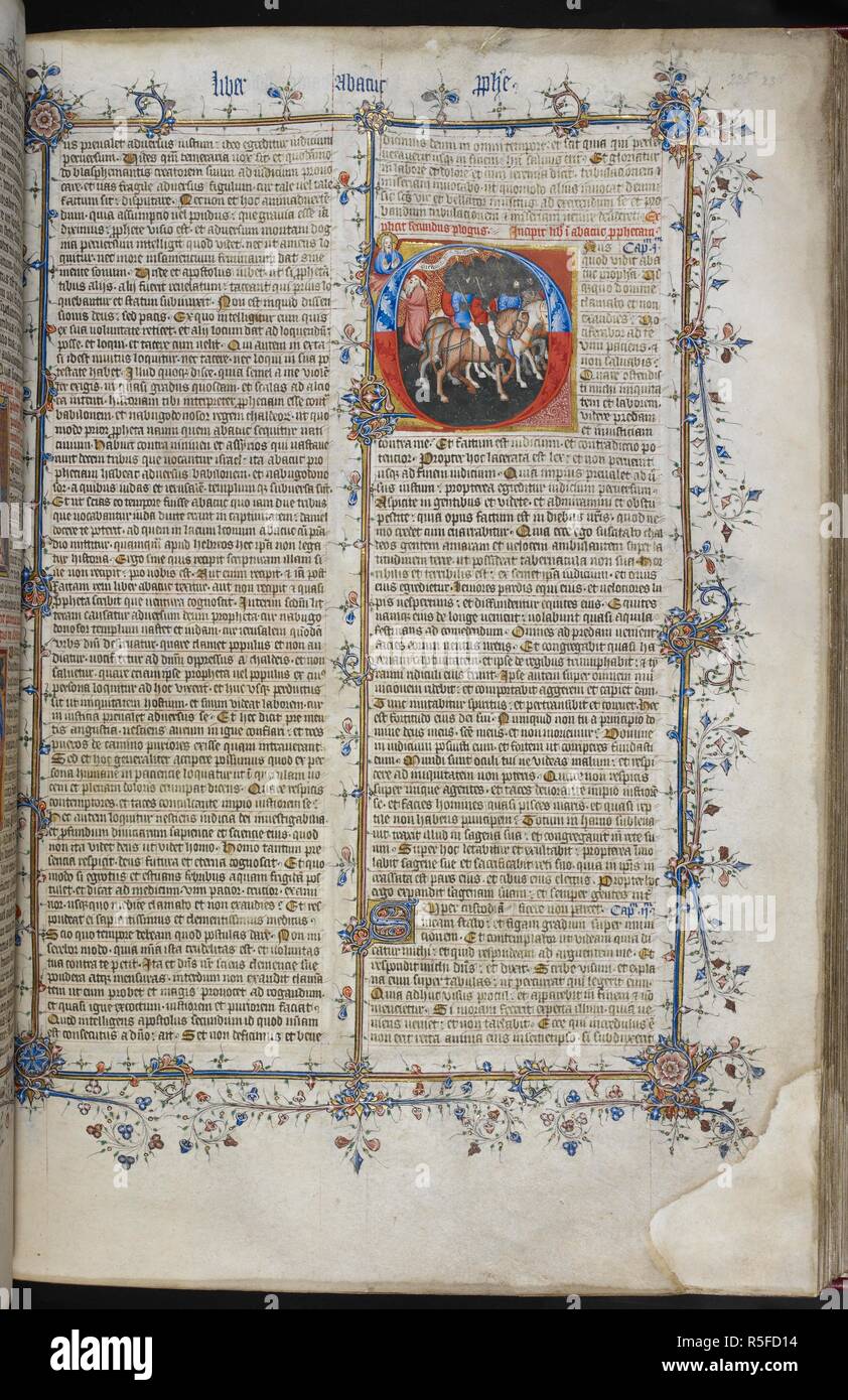 Un historiated iniziale 'O' di Habbakuk pregando con cavalieri armati nelle vicinanze. La Bibbia (il 'Big' o 'Grande Bibbia"), con il Vangelo di Nicodemo e l'interpretazione dei nomi ebraico. Inghilterra, S. E. (Londra?); primo quarto del XV secolo. Fonte: Royal 1 E. IX, f.235. Lingue: Latina. Foto Stock