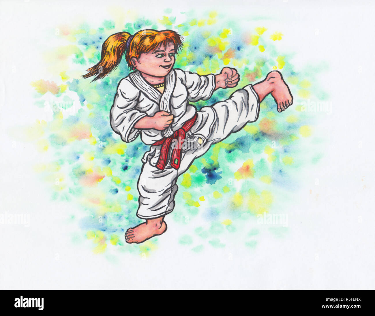 Un abstract acquerello colorato cartoon illustrazione di una giovane ragazza che indossa una tuta di karate, sorridente felicemente e facendo un kick l'intera immagine è disegnata a mano con inchiostro e colorati con acquarello e la sfocatura è destinato e una parte di esso. Foto Stock
