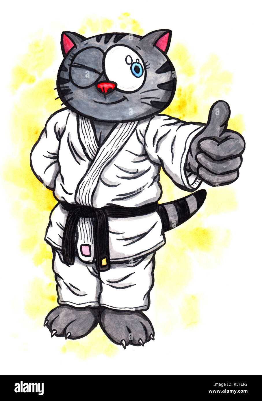 Un abstract acquerello colorato cartoon illustrazione di un manga come gattino con grandi occhi, indossa una tuta di karate con una cintura nera e piedi, sorridente e facendo come simbolo con il suo dito l'intera immagine è disegnata a mano con inchiostro colorato e wit Foto Stock