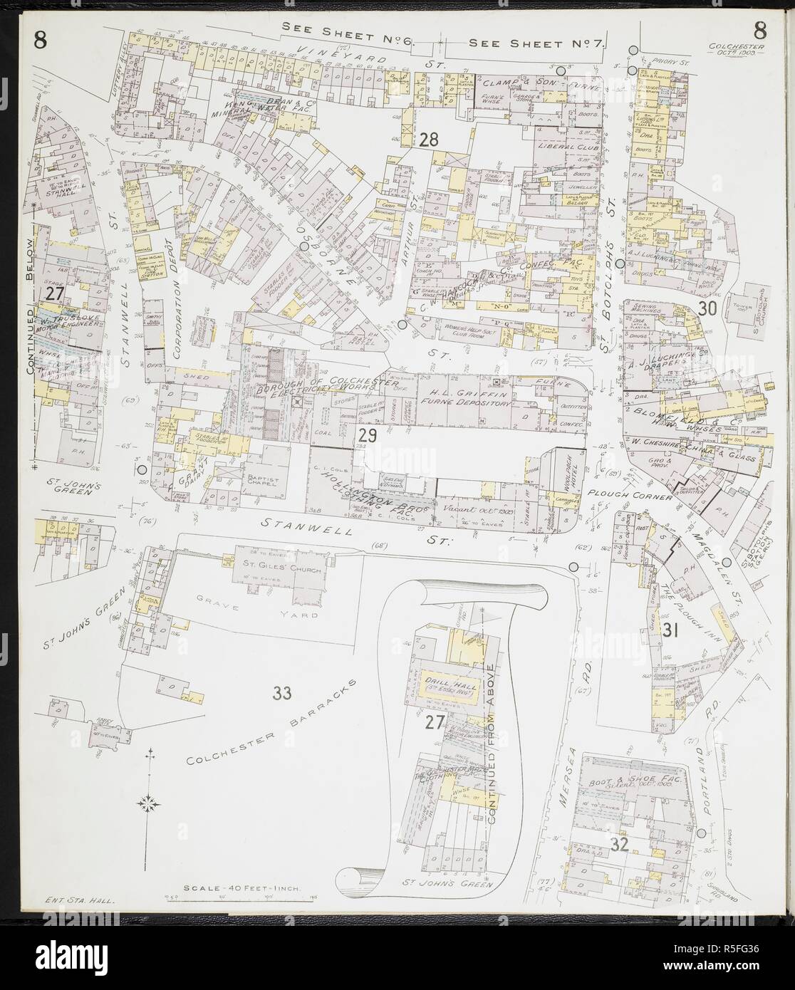Mappa di Colchester, Essex. Colchester, Essex) : [incendio piani di assicurazione]. Londra : Chas. E. Pungolo Limited, 1909. 63x54cm.; Scala [1:480]. 40ft = 1 pollici. Fonte: Mappe 149.b.29.(2) foglio 8. Foto Stock
