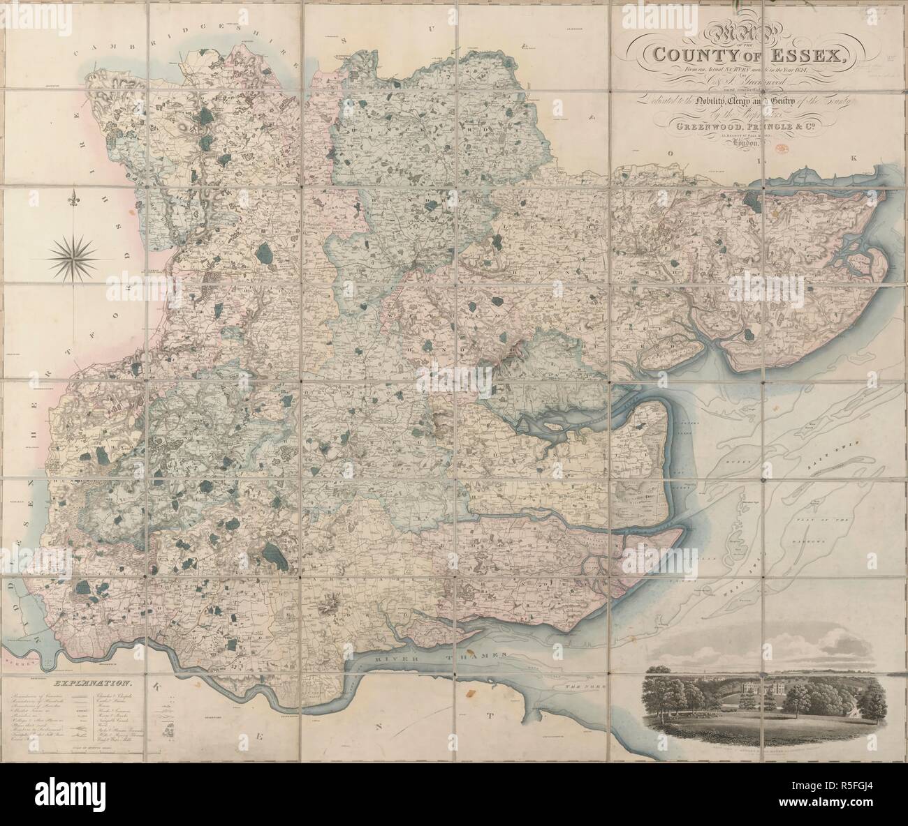 Mappa della contea di Essex. Mappa della contea di Essex, da una vera e propria indagine effettuata nell'anno 1824 da C. & I. Greenwood scala di statuto miglia, 8[ = 200 mm.--1 pollice = 1 miglio]. (Vista Ovest di Audley End House vicino a Saffron Walden). Londra : Greenwood, Pringle & Co., Luglio 1st, 1825. Fonte: maps.C.23.b.6. Lingua: Inglese. Foto Stock