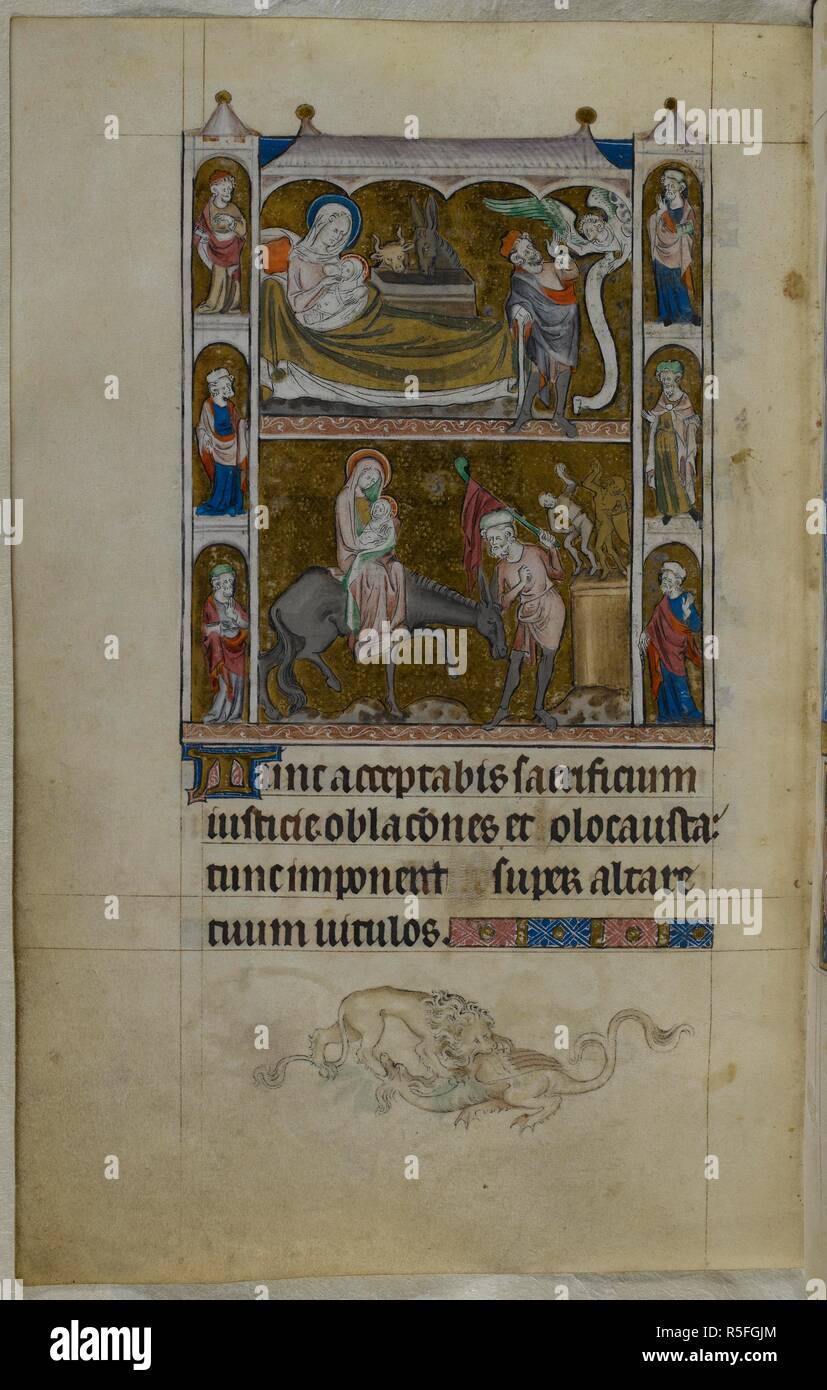 Due-registrazione miniatura della Natività di Cristo e la Fuga in Egitto. Un bas-de-page scena di un leone e drago combattimenti. Salterio ("La regina Maria Salterio'). Inghilterra (Londra/Westminster o East Anglia?); tra il 1310 e il 1320. Fonte: Royal 2 B. VII, f.148v. Lingue: latina, francese con le didascalie delle immagini. Foto Stock
