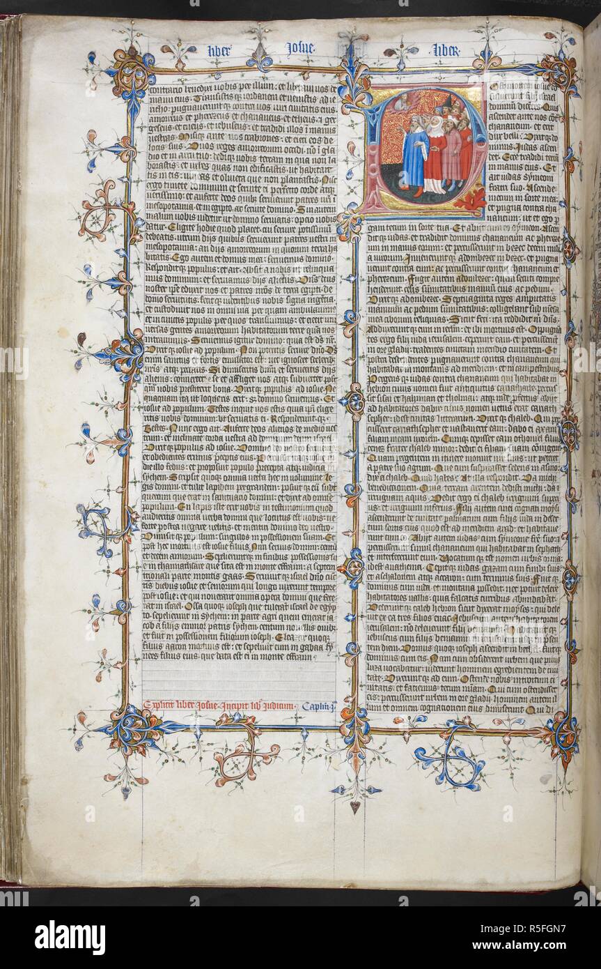 Iniziale 'P' di Israeliti consultando il Signore dopo la morte di Giosuè. La Bibbia (il 'Big' o 'Grande Bibbia"), con il Vangelo di Nicodemo e l'interpretazione dei nomi ebraico. Inghilterra, S. E. (Londra?); primo quarto del XV secolo. Fonte: Royal 1 E. IX, f.56v. Lingue: Latina. Foto Stock