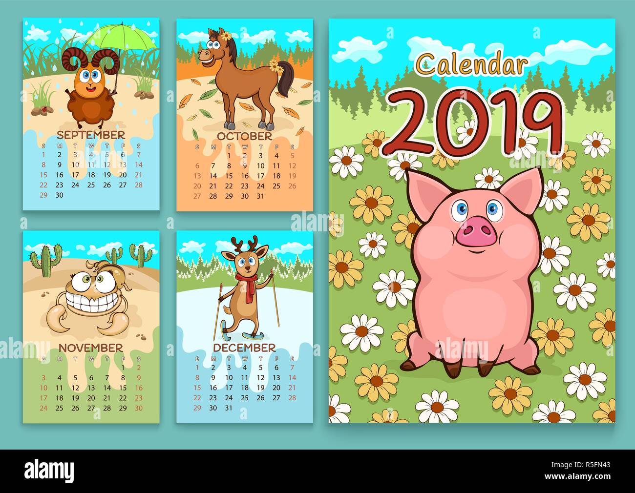 Calendario per il 2019 con il cartoon funny animals, del disegno a mano, illustrazione vettoriale. Colorate e luminose di design a parete calendario a bilanciere con painte Illustrazione Vettoriale