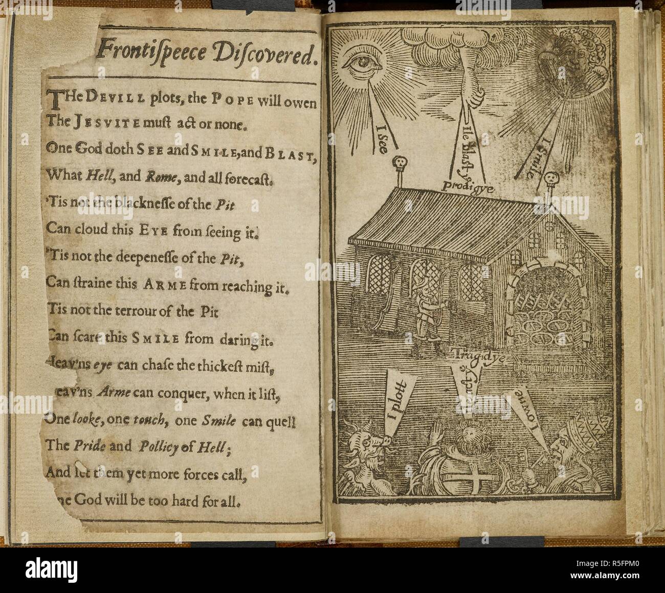 Un tratto e xilografia illustrazione sul tema della polvere da sparo appezzamento di novembre 5th, 1605. Novembris Monstrum o Roma ha portato a letto in Inghilterra con la Whoreâ€™s miscarrying. Realizzato da lungo tempo per l anniversario solennità sulla fift giorno di novembre ... da A. B. C. D. E. ... Fatto publique ... da E. M. A. D. O. C. Londra, 1641. Fonte: 11623.a.15 e pagina di frontespizio. Lingua: Inglese. Foto Stock