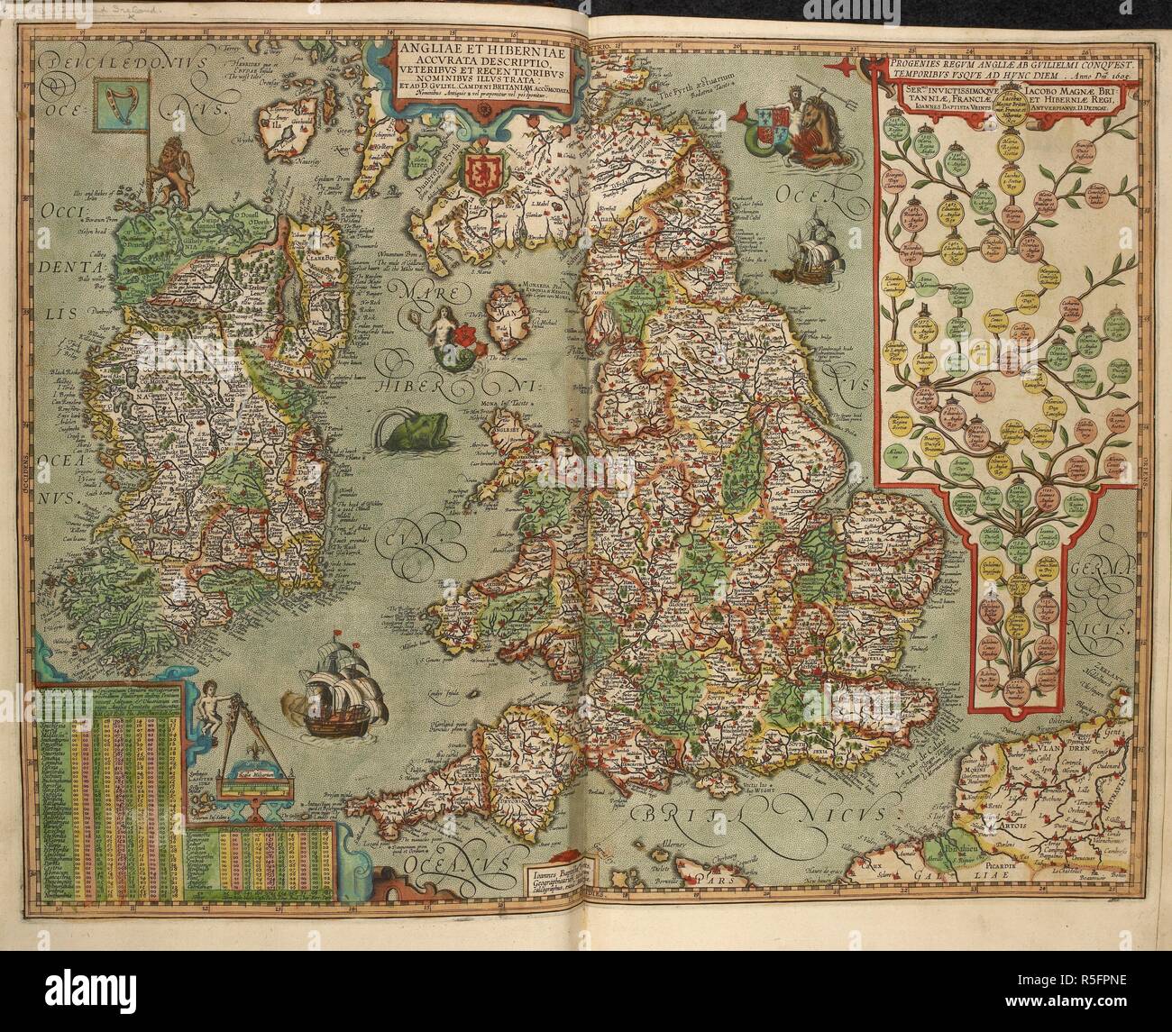 Mappa di Inghilterra e Irlanda disegnato nel 1606. . Angliae et Hiberniae accurata descriptio, veteribus et recentioribus nominibus illustrata... Angliae et Hiberniae accurata descriptio, veteribus et recentioribus nominibus illustrata: et ad D. Gvliel. Camdeni Britaniam accoÌˆmodata ... Joannes Baptista Vrints tabularum geographicarum calcographus, exeud. Antvarpiae. Pubblicato in 1606. Fonte: 9.tab.8. Lingue: Latina. Foto Stock