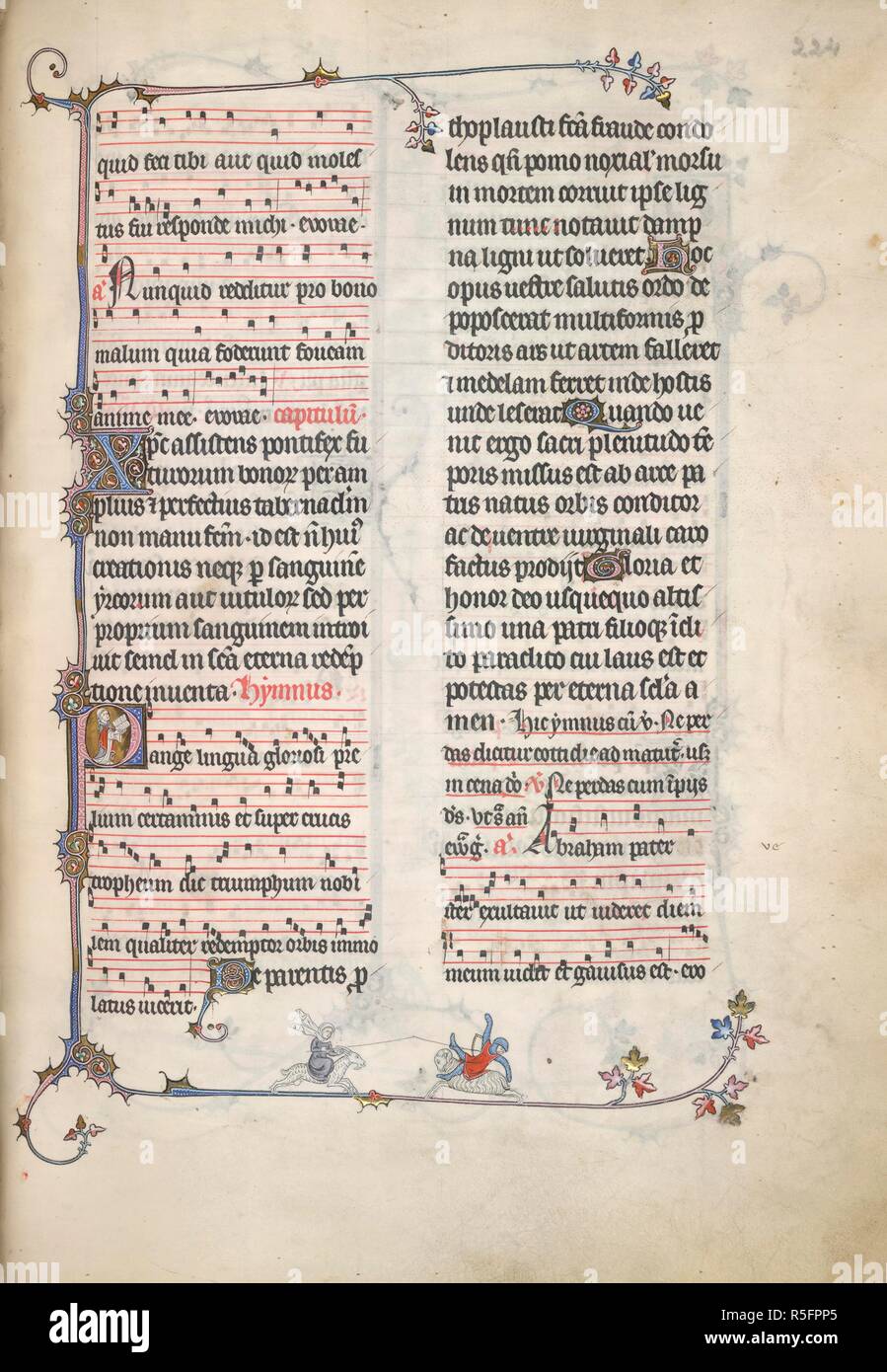 La donna e il cavaliere di inclinazione. Breviario di Renaud de bar. Francia [Verdun]; circa 1302. [Intero folio] disegno marginale di una donna, che rappresenta la lussuria, con battenti sciarpa, montato su una capra bianca, che si inclina con lancia contro un cavaliere in rosso surcoat e mail a catena, montato su un bianco di ram. La sua lancia si spezza e cade. Il Breviario è stato commssioned da Marguerite de Bar, la badessa di St Maur a Verdun, per il suo fratello Renaud, prevosto di Santa Maria di Magdala, Verdun immagine presa dal breviario di Renaud de bar. Originariamente pubblicato/prodotto in Francia [Verdun]; circa 1302. . Fonte: Yates Thompson 8, f.224. Lang Foto Stock