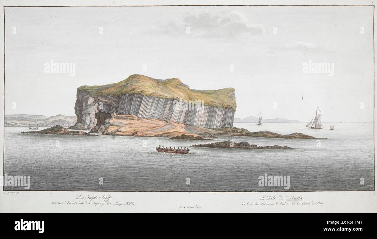 Una vista del lato sud dell'isola di staffa, con l ingresso di Shag's Cave . Vue de l'Isle de Staffa, du CoteÌ du Sud, avec l'entreÌe de la Grotte de Shag. Fonte: Mappe K.Top.49,39.b. Lingua: Tedesco e Francese. Foto Stock