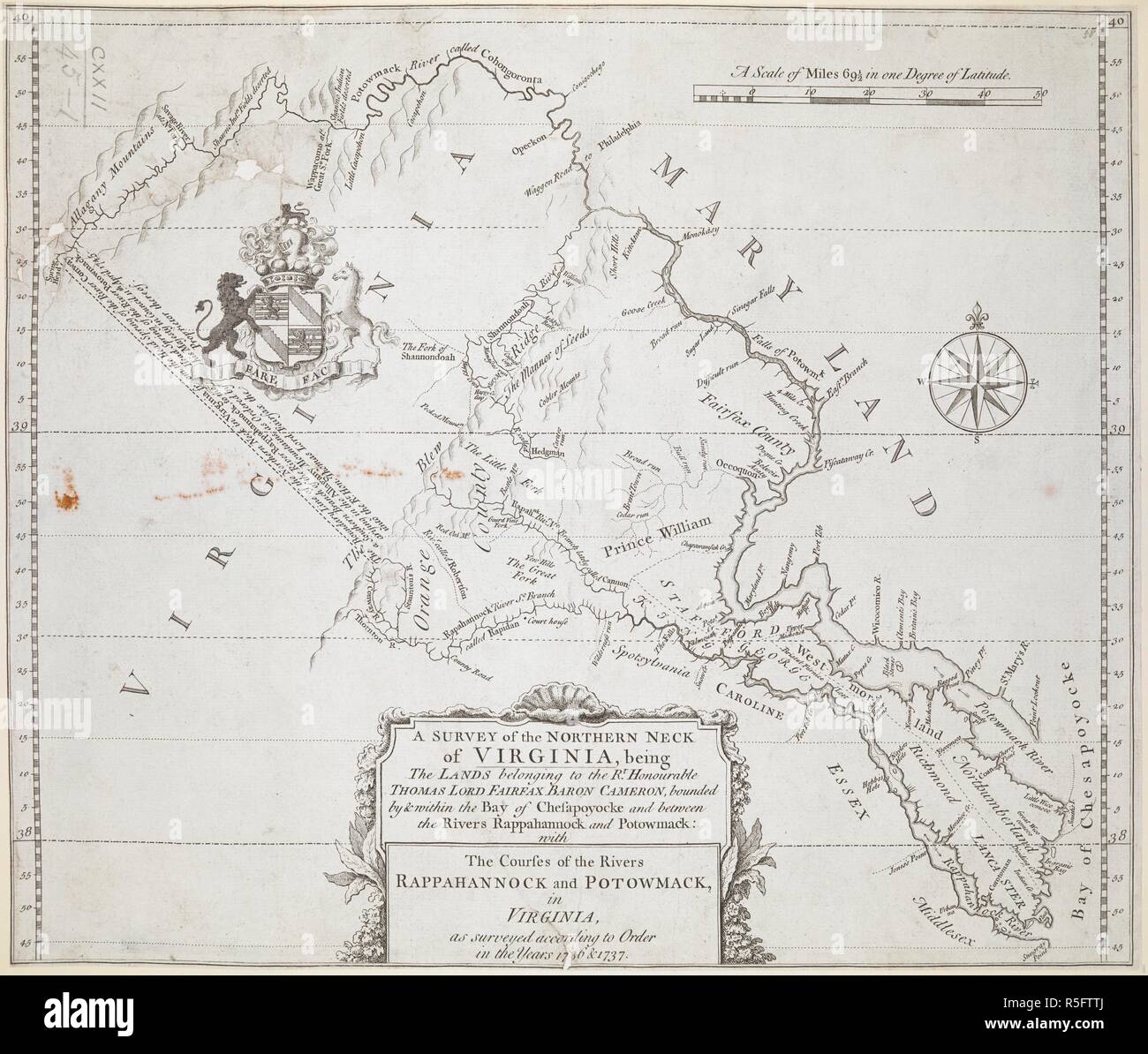 Un sondaggio del nord del collo della Virginia. Un sondaggio del nord del collo della Virginia, essendo le terre appartenenti al R.t onorevole THOMAS SIGNORE FAIRFAX BARONE Cameron, delimitata da & all'interno della baia di Chesapoyocke e tra i fiumi Rappahannock e Potowmack: con i corsi dei fiumi RAPPAHANNOCK e POTOWMACK, in Virginia, come rilevata secondo ordine negli anni 1736 & 1737. [Londra] : [John Warner], [1747]. Incisione su rame. Fonte: Mappe K.Top.122.45.1. Lingua: Inglese. Foto Stock