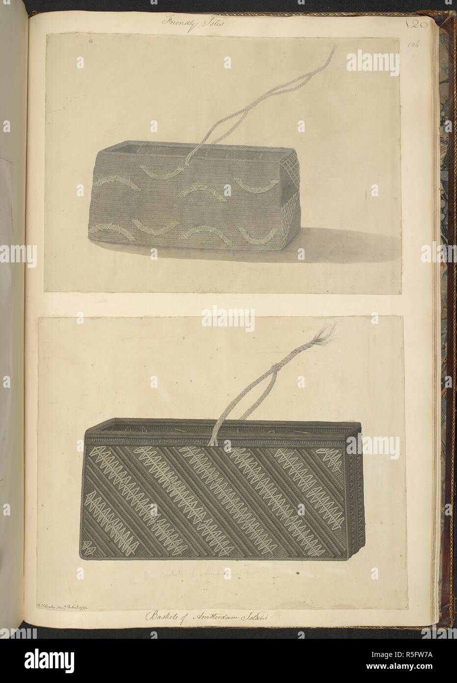 Cestini di Isola di Amsterdam. Una raccolta di disegni realizzati nei paesi visitati dal Capitano Cook nel suo primo viaggio, 1768-1771. Fonte: Aggiungi. 23920, f.106. Lingua: Inglese. Foto Stock