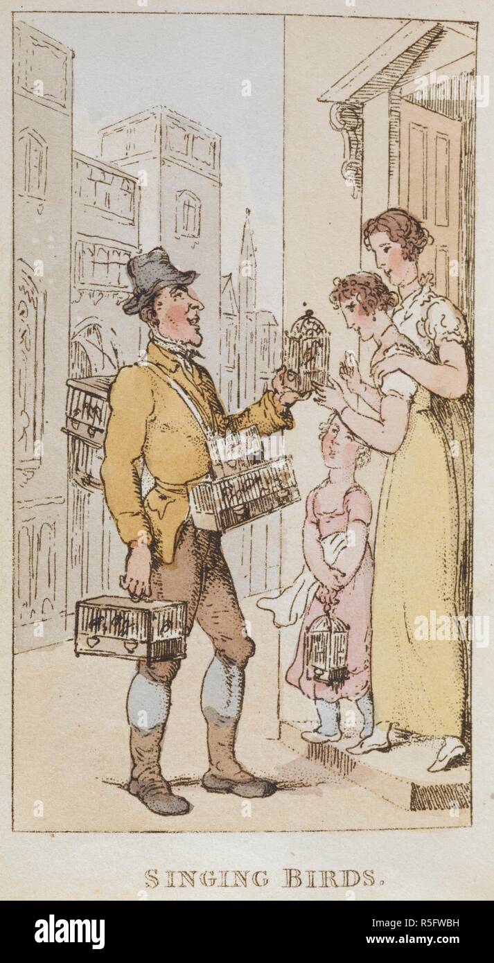 "Singing uccelli". Un commerciante di strada la vendita di uccelli da gabbia. Rowlandson la caratteristica schizzi di ordini inferiori, inteso come un compagno per la nuova immagine di Londra: costituito da cinquanta-quattro piastre ... colorati. Londra, 1820. Fonte: C.58.CC.1.(2). Autore: ROWLANDSON, THOMAS. Foto Stock