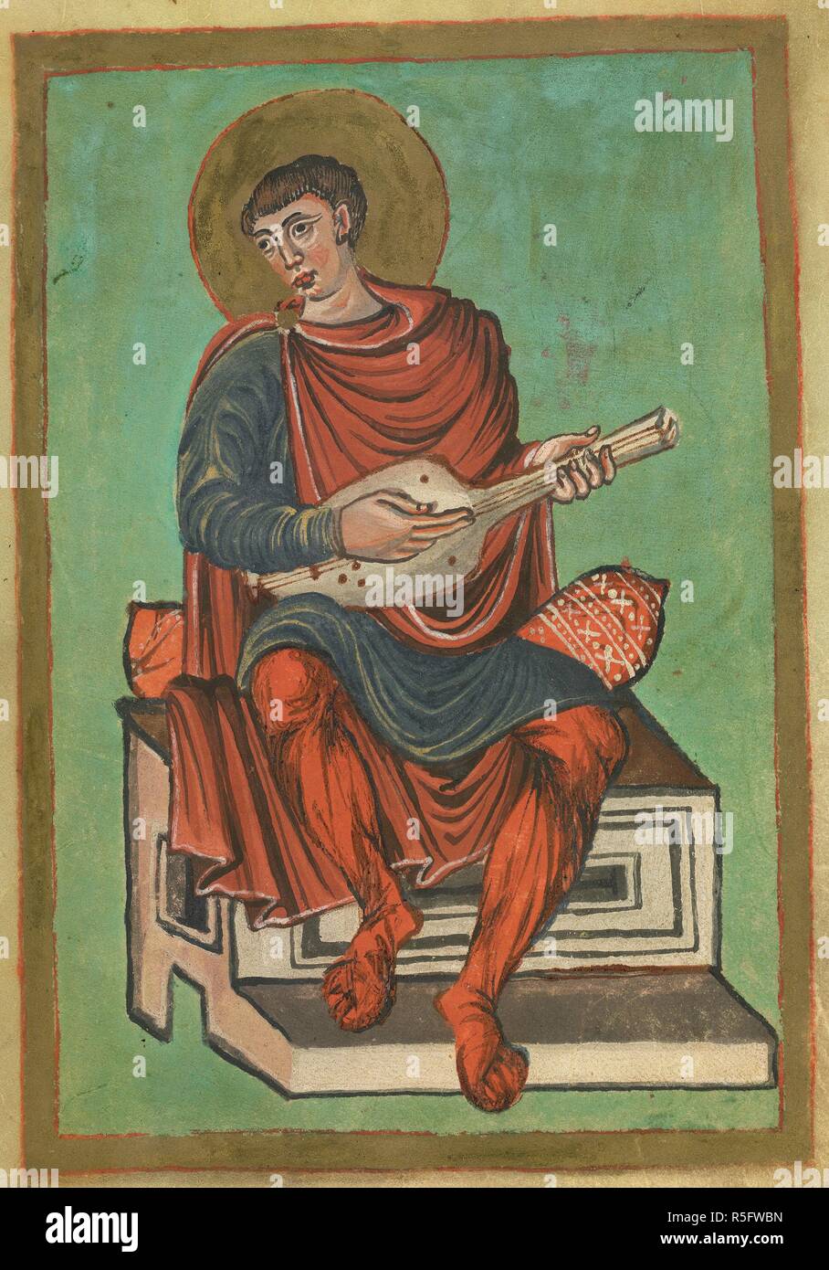 David seduto, riproduzione di un liuto. Lothaire Salterio. Impero carolingio; IX secolo. Fonte: Aggiungi. 37768, f.5. Lingue: Latina. Foto Stock