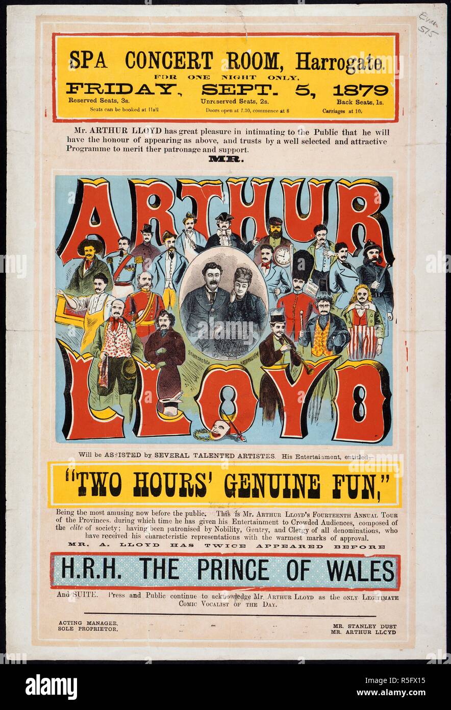 Royal Spa sala da concerto. Una collezione di opuscoli da locandine, e la miscella. Nottingham, 1879. Spa Sala Concerto, Harrogate. Per una sola notte, Venerdì, Settembre 5, 1879. Posti riservati, 3s. Sedi senza riserve, 2s. Sedili posteriori, 1s. I posti possono essere prenotati presso il padiglione. Porte aperte a 7.30, iniziare a 8. Carrelli a 10. Il sig. Arthur Lloyd ha il grande piacere di intimating al pubblico che egli avrà l'onore di apparire come sopra e si aspetta da un ben selezionato e invitante programma per meritare ther [sic] patrocinio e supporto. 51 x 32 cm. Immagine presa da una raccolta di opuscoli da locandine e miscellan Foto Stock