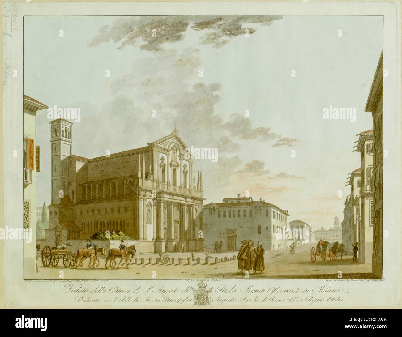 Una veduta della chiesa di Sant'Angelo a Milano da Via della Moscova, con tre monaci, un carrello e due soldati a cavallo tira un carrello carico di cannoni in primo piano. Una torre, il lato sud e principali faÃ§ade della chiesa alle spalle e un convento annesso alla chiesa in background. Veduta della chiesa di S. Angelo de Padri Minori Osservanti in Milano : Dedicata a S.A.I. Serma la Principessa Augusta Amalia di Baviera vice regina d'Italia. [Milano] : [autore non identificato], [1808]. Fonte: Mappe K.Top.77.39.b.1. Lingua: Italiano. Foto Stock