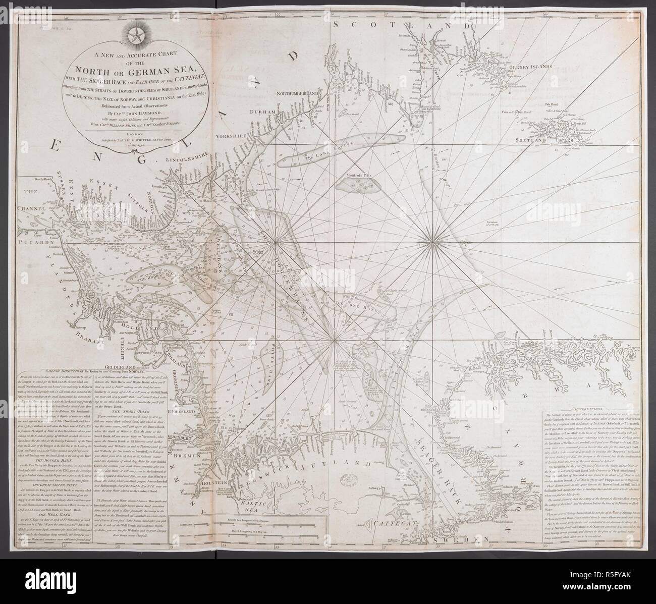 Una nuova e accurata grafico del Nord o il tedesco Mare. Una nuova e accurata grafico del Nord o il tedesco mare ... Da Captâ¿ Giovanni Hommond ... 1794. 50 Inglese campionati del mare[ = 180 mm]. Londra : R. Laurie e J. Whittle, 1802. Fonte: Mappe 149.e.34.(1.). Lingua: Inglese. Foto Stock