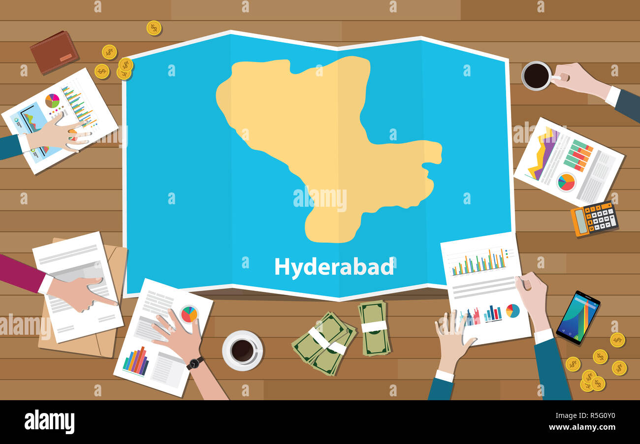 Hyderabad india città capitale regione economia in crescita con il team di discutere sulla piega mappe vista dall alto illustrazione vettoriale Foto Stock