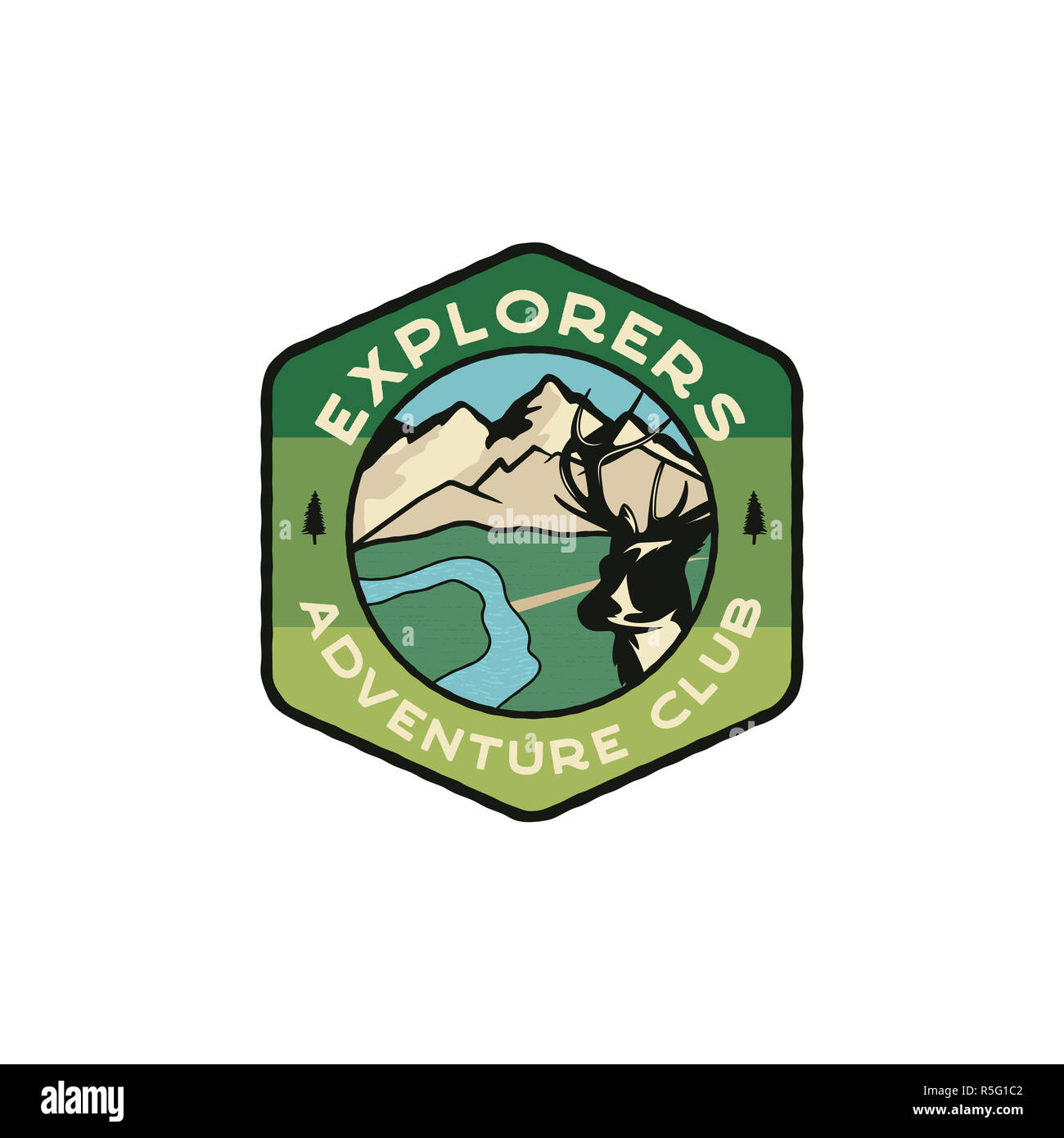 Esploratori emblema del logo. Vintage disegnato a mano badge di viaggio. Dotate di Mountain Valley con i cervi e la scena di fiume. Club avventura patch. Escursione di stock, wanderlust insegne isolato Foto Stock