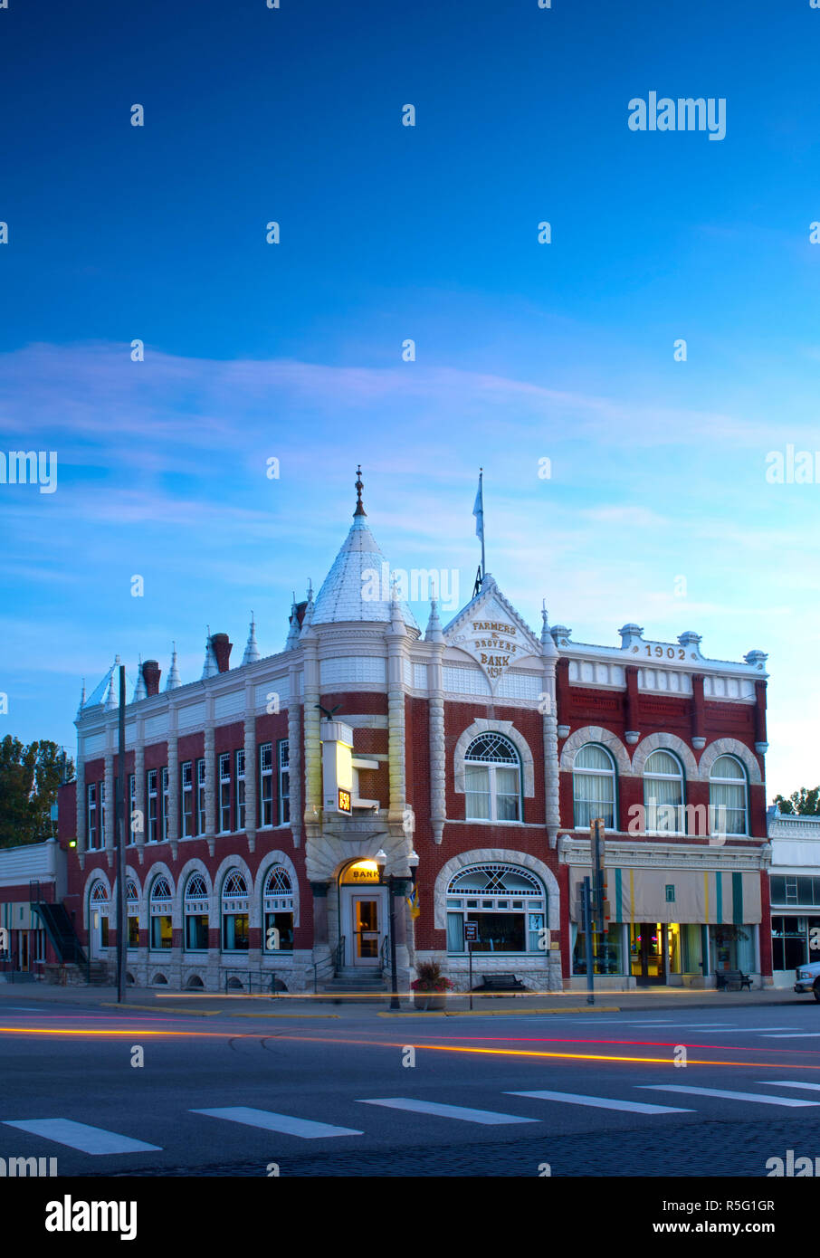 Stati Uniti d'America, Kansas, Morris County, Consiglio Grove, Flint Hills, agricoltori e Banca Drovers Foto Stock