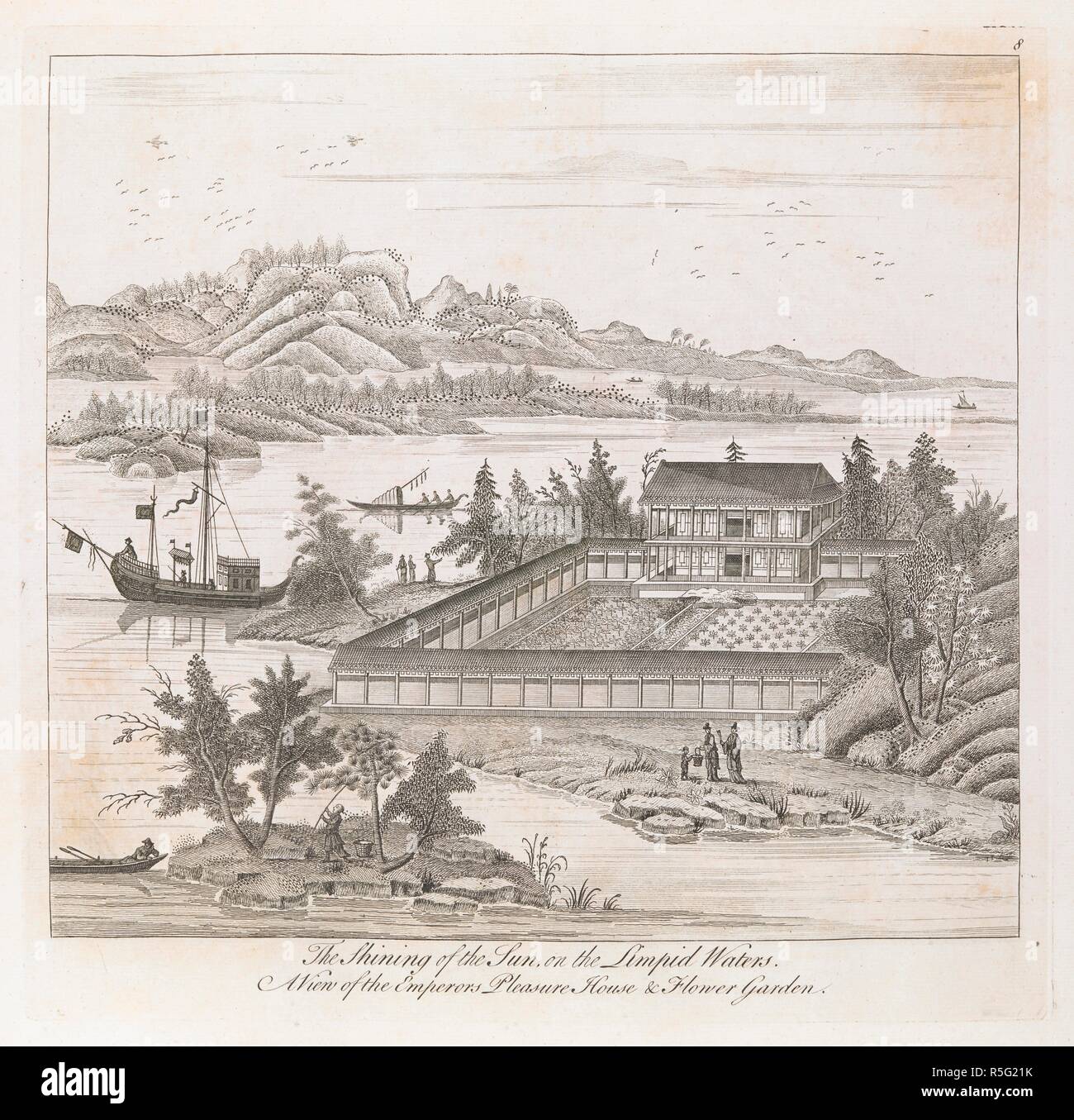 Una vista di un parco con un edificio a due piani e coperto adiacente involucro che circonda un giardino nei pressi di tumuli e una bassa collina sulla destra con un uomo raccogliere frutti da un albero su un isola in primo piano. Navi e barche a vela su un lago o fiume al di là e un paesaggio roccioso nella distanza. Il luminoso del sole sulle limpide acque : una vista dell'Imperatore del piacere Casa & giardino fiorito. [Londra] : [stampate per e venduto da Thomas Bowles, Giovanni Bellini, e il figlio Robert Sayer e Henry Overton], [1753]. attacco e incisione. Fonte: Mappe 7.tab.73, la piastra 8. Lingua: Inglese. Foto Stock
