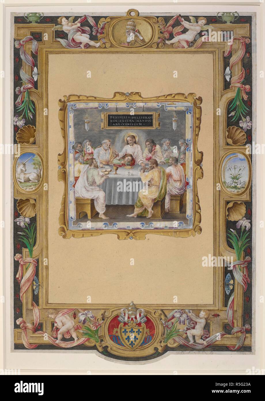 Historiated a piena pagina di frontiera un ritratto, i bracci ...