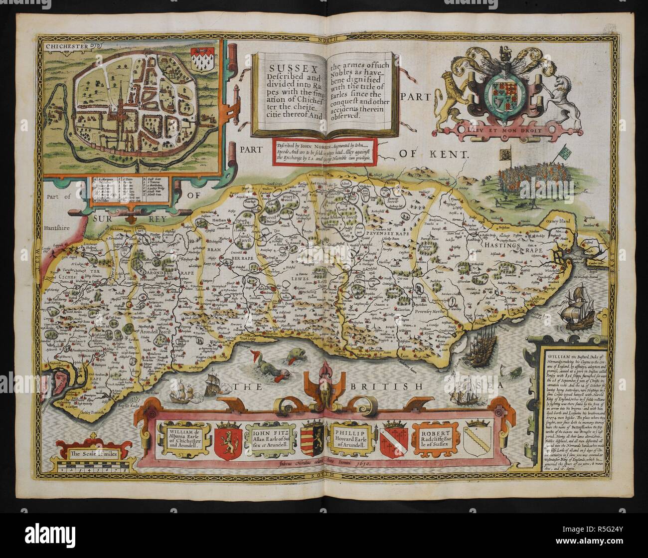 Sussex. Descritto e suddiviso in stupri con la situazione di Chichester ... Descritta da Iohn Norden...aumentata mediante Iohn Speede. Jodocus Hondius caelavit ... 1610. Il Teatro dell'impero della Gran Bretagna. Londra : John Sudbury & George umile, 1611. Fonte: Mappe C.7.c.20.(2.), f.9. Foto Stock