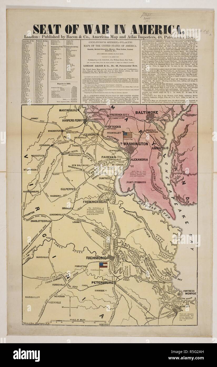 Una mappa di una parte degli Stati Uniti d'America. Sede della guerra in America. Londra : Bacon & Co., [1862]. Fonte: Mappe 71495.(62). Lingua: Inglese. Foto Stock