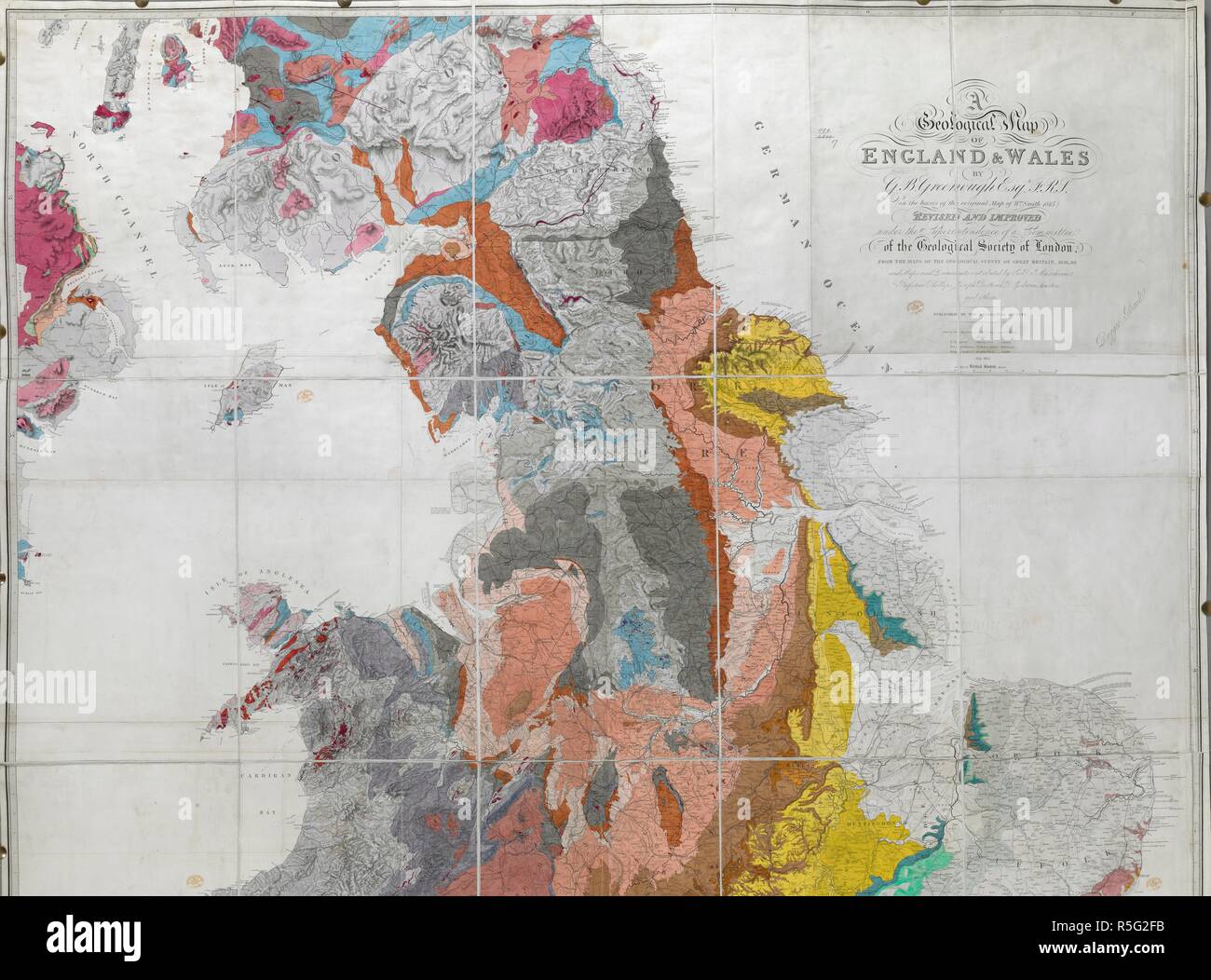 La metà superiore della mappa geologica di Inghilterra Galles. Un fisico e mappa geologica di Inghilterra e Galles. A cura di G.B. Greenough ... (Sulla base della mappa originale da W. Smith, 1815). Rivisto e migliorato sotto la sovrintendenza di un comitato della Geological Society di Londra. Londra : Geological Society, 1865. Fonte: maps.1180.(17) la metà superiore. Foto Stock