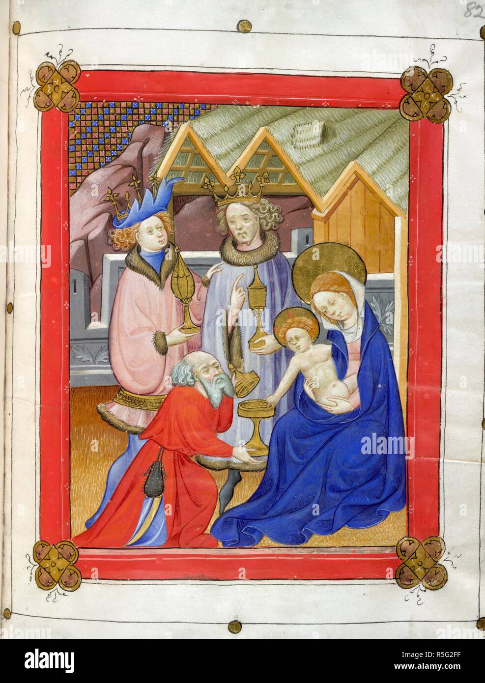 Adorazione dei Magi. Libro d Ore. Spagna; testo,XV secolo; miniature, del XVI secolo. [Intero folio] La Vergine detiene il Cristo che raggiunge per riconoscere il dono offerto dai Magi in ginocchio. Dietro gli altri due Re Magi con i loro doni immagine presa dal Libro delle ore. Originariamente pubblicato/prodotti in Spagna; testo,XV secolo; miniature, del XVI secolo. . Fonte: Egerton 2653, f.82. Lingue: Latina. Foto Stock