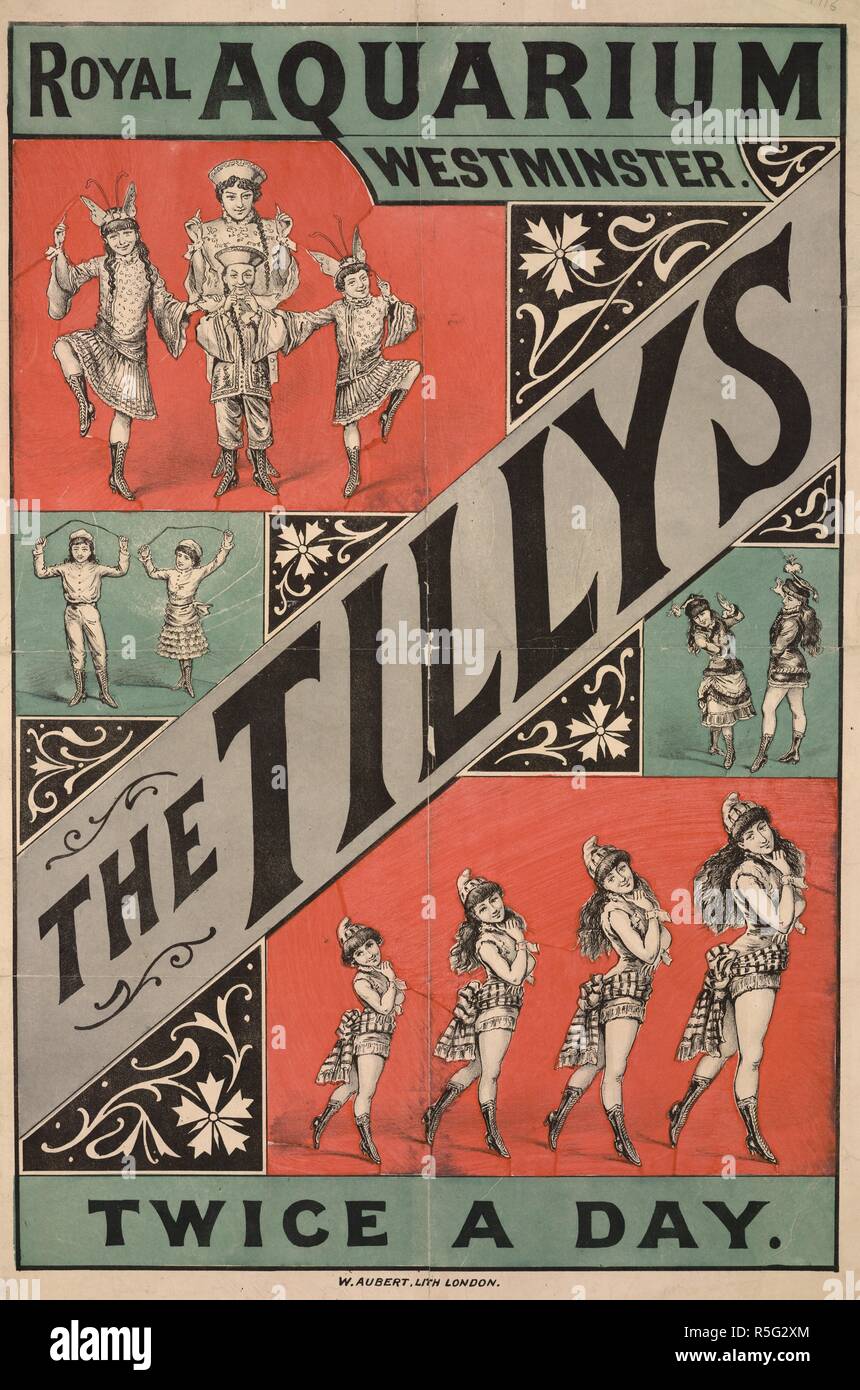 Il Tillys. Una collezione di opuscoli da locandine, e la miscella. Londra, c. 1880. Poster pubblicitari una varietà atto presso il Royal Aquarium, c. 1885. Immagine presa da una raccolta di opuscoli da locandine e stampati vari in materia di intrattenimento in stile vittoriano e la vita di tutti i giorni. Originariamente pubblicato/prodotto in London, c. 1880. . Fonte: Evan.1916. Lingua: Inglese. Foto Stock