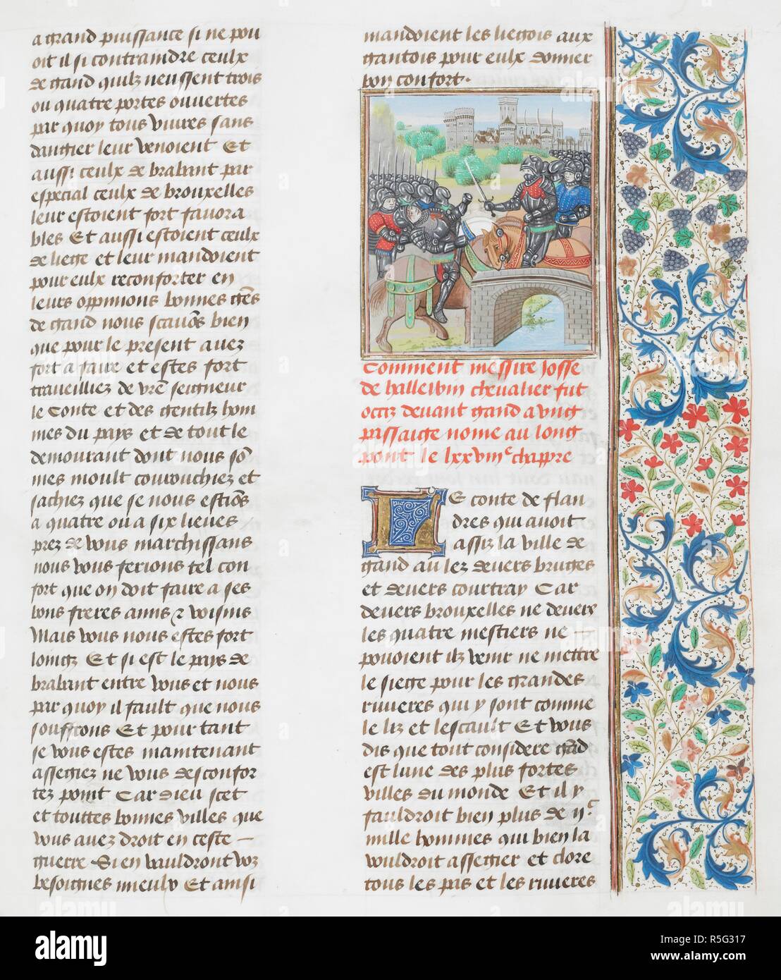 La morte di Josse de Hallewin. Sir Josse de Hallewin (Halluyn) ucciso sul ponte a Comines, vicino a Gand, 1382. Jean Froissart, Chroniques , vol. 2. (Froissart di cronache). Paesi Bassi, S. ultimo quarto del XV secolo, prima del 1483. Fonte: Royal 18 E. I f.150. Foto Stock