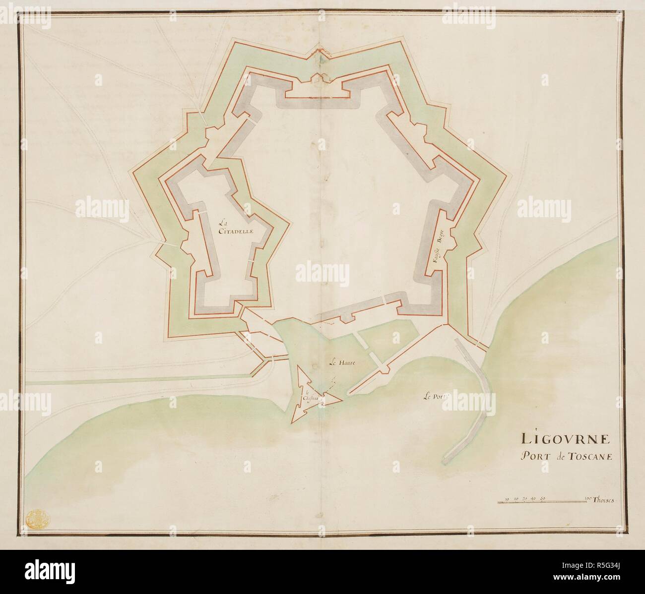 Un piano delle fortificazioni di Ligourne, Port de Toscane. Un piano di colore delle fortificazioni di 'Ligourne, Port de Toscane;' disegnata circa 1650, su una scala di 32 toises ad un pollice. c. 1650. Fonte: Mappe K.Top.80.11. Foto Stock