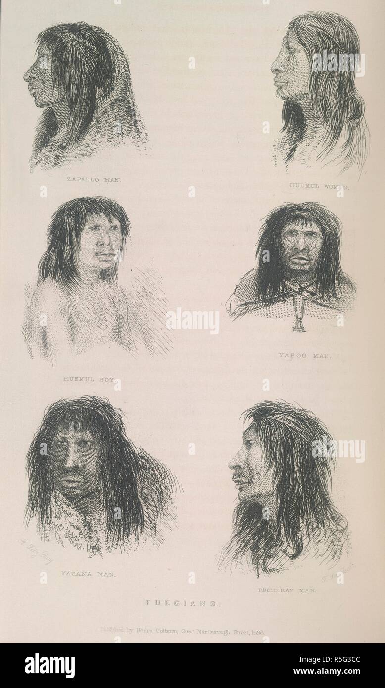 Fuegians. Racconto di viaggi di rilevazione di Sua Maesta'. Londra, 1839. Sei ritratti dei nativi di Tierra del Fuego. Essi sono descritti come segue: Zapallo uomo; Huemul donna; Huemul ragazzo; Yapoo uomo; Yacana uomo e uomo Pecheray. Immagine presa dal racconto della misurazione viaggi di Sua Maestà navi di avventura e di Beagle, tra gli anni 1826 e 1836, descrivendo il loro esame delle sponde meridionali del Sud America e il Beagle la circumnavigazione del globo. Originariamente pubblicato/prodotto in Londra, 1839. . Fonte: G.2555 volume 2, opposta 41. Lingua: Inglese. Autore: Fitz Foto Stock