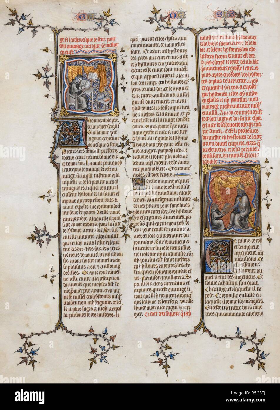 A sinistra: in miniatura Pietro Comestor al lavoro. Lato destro miniatura: Pietro Comestor dando il suo libro all Arcivescovo di Sens. La Bibbia historiale complÃ©tÃ©e (Genesi - Salmi). Francia, Centrale (Parigi?); 1357. Fonte: Royal 17 E. VII, f.2v. Lingua: Francese. Foto Stock