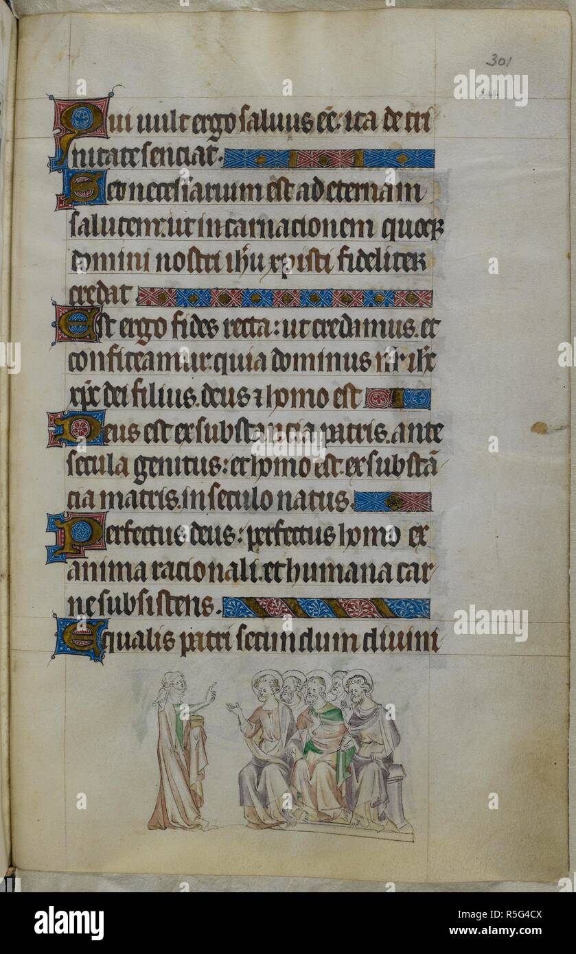 Bas-de-page scena di una donna che parla di un gruppo di uomini haloed (apostoli?). Salterio ("La regina Maria Salterio'). Inghilterra (Londra/Westminster o East Anglia?); tra il 1310 e il 1320. Fonte: Royal 2 B. VII, f.301. Lingue: latina, francese con le didascalie delle immagini. Foto Stock