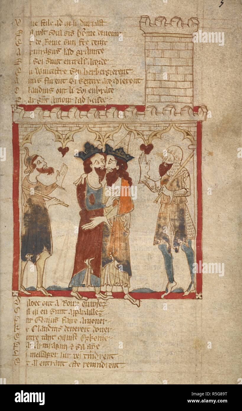 Claudio e Arviragus abbraccio. Romanzi in francese versetto ... Il XIV secolo. Fonte: Egerton 3028 f.3. Autore: Wace, Canon di Bayeux. Foto Stock
