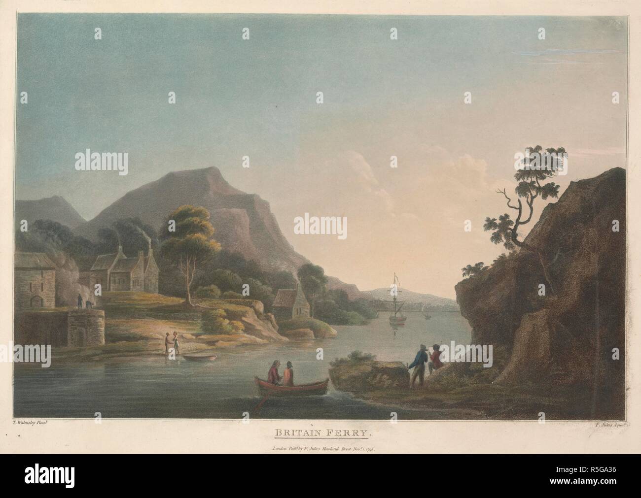 Le figure ed una barca in primo piano; un corpo di acqua nella terra di mezzo; Briton Ferry sulla sponda opposta; rocce e alberi in tutta la scena. La Gran Bretagna traghetto. Londra : Pubd da F. Jukes Howland Stree, Novr 1 1795. La puntasecca e incisione con mano-colorazione. Fonte: Mappe K.Top.47.46.a. Lingua: Inglese. Autore: Jukes, F. Walmsley, T. Foto Stock Le figure ed una barca in primo piano; un corpo di acqua nella terra di mezzo; Briton Ferry sulla sponda opposta; rocce e alberi in tutta la scena. La Gran Bretagna traghetto. Londra : Pubd da F. Jukes Howland Stree, Novr 1 1795. La puntasecca e incisione con mano-colorazione. Fonte: Mappe K.Top.47.46.a. Lingua: Inglese. Autore: Jukes, F. Walmsley, T. Foto Stock