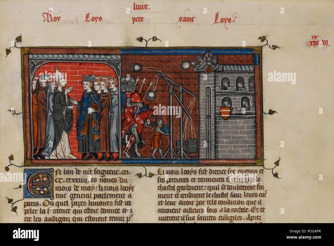 Assedio di La Rochelle. Chroniques de France ou de Saint Denis, vol. 1. Francia, secondo quarto del XIV secolo. (Miniatura) re Luigi VIII di Francia detiene un parlamento; un assedio-motore a La Rochelle. Immagine presa da Chroniques de France ou de Saint Denis, vol. 1. Originariamente pubblicato/prodotto in Francia, secondo quarto del XIV secolo. . Fonte: Royal 16 G. VI, f.388. Lingua: Francese. Foto Stock