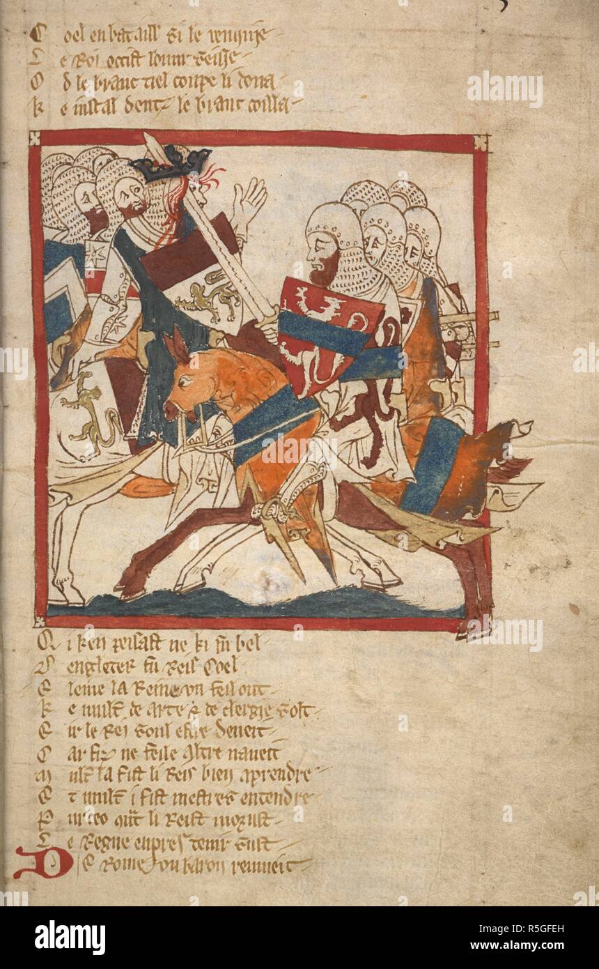 Battaglia in cui Coel uccide re Asclepiadoc. Romanzi in francese versetto ... Il XIV secolo. Fonte: Egerton 3028 f.5. Autore: Wace, Canon di Bayeux. Foto Stock