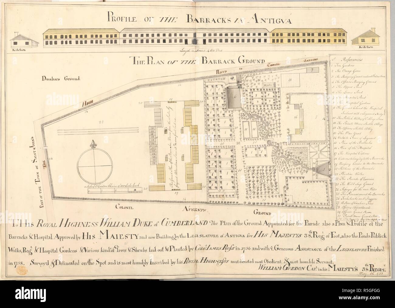 La caserma in Antigua. Un piano di terra nominati per la parata, als. 1758. Profilo della caserma in Antigua e il piano della baracca di massa. Immagine presa da un piano di terra nominati per la parata, anche un piano e il profilo della caserma e ospedale approvato da Sua Maestà, e ora edificio (a San Giovanni nell'isola di Antiqua) dal legislatore di Antiqua, per Sua Maestà la trentottesima reggimento di piede; anche i laghetti, passeggiate pubbliche, regimental e ospedale di giardini, e vari tipi di alberi e arbusti stabiliti e piantato da Col. James Ross nel 1756, e con il generoso Foto Stock