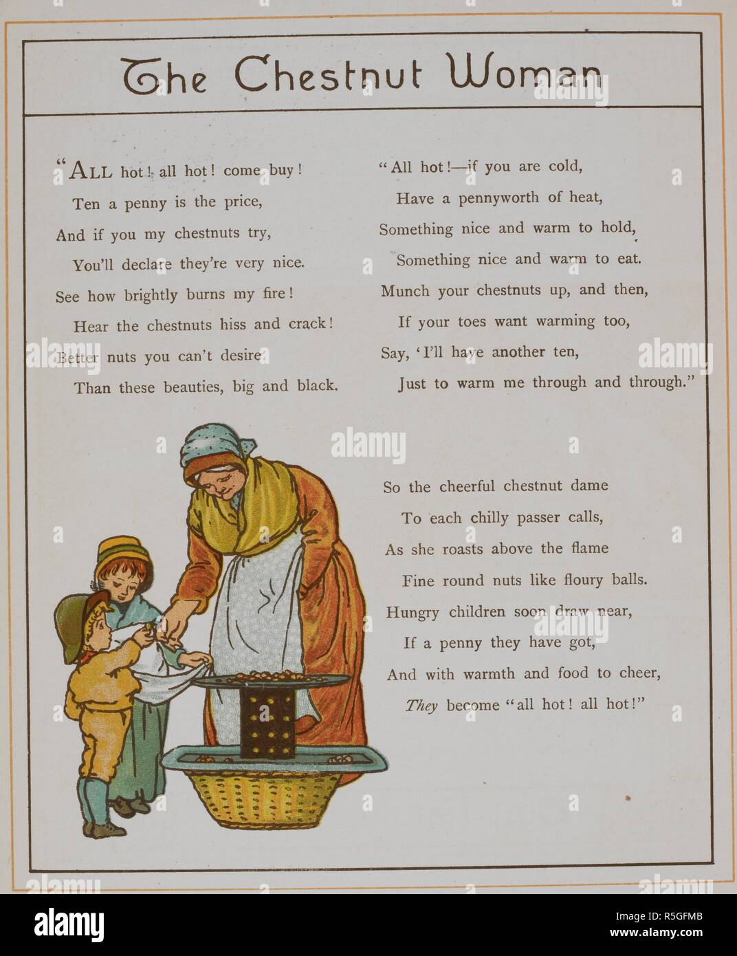 La donna di castagno. Una donna vendita di castagne e marroni a due bambini. Illustrazione da 'London Town'. Città di Londra. Marcus Ward & Co.: Londra, 1883. Immagine presa da : Città di Londra. Versi di Felix Leigh. Fonte: 12805.s.9, pagina 46. Autore: gru, Thomas. Foto Stock