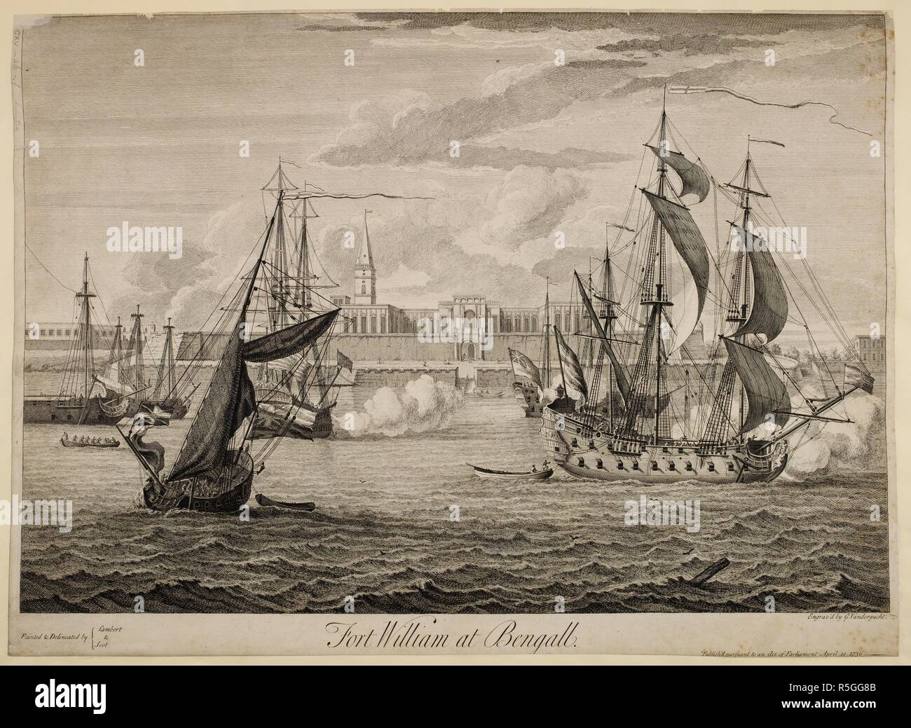 Fort William a bengala. Un certo numero di navi, alcuni sparando le loro pistole. . Vista di Fort William a bengala, da Lambert e Scott, inciso da Van der Gucht. 1736. Bianco e nero incisione. Fonte: maps.K.Top.115.46.f. Lingua: Inglese. Foto Stock Fort William a bengala. Un certo numero di navi, alcuni sparando le loro pistole. . Vista di Fort William a bengala, da Lambert e Scott, inciso da Van der Gucht. 1736. Bianco e nero incisione. Fonte: maps.K.Top.115.46.f. Lingua: Inglese. Foto Stock