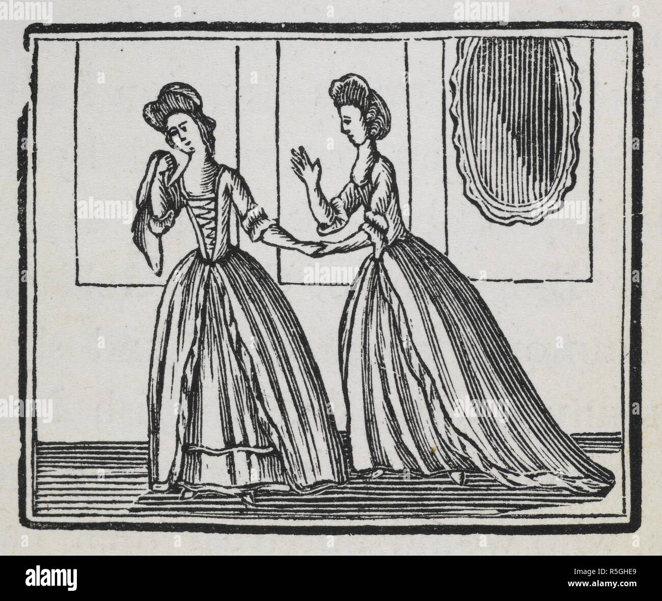 Una xilografia di due donne in abito formale, uno dei quali è il pianto. Il Bewick Collector. Un supplemento per un catalogo descrittivo delle opere di T. E J. Bewick; costituito da aggiunte alle varie divisioni di tagli, blocchetti di legno, ecc. Londra, 1868. Fonte: 2262.f.9. p.xvi. Autore: Bewick Thomas. Hugo, Thomas. Foto Stock