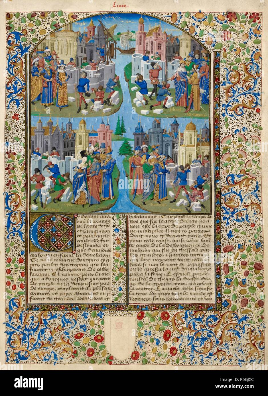 Quattro scene: Trojan guardando il palazzo di Venezia; Helen e trojan alla costruzione di Cymmbre (?); Dido guarda la costruzione di Cartagine; Romolo sovrintende alla costruzione di Roma. La Bouquechardiere. N. Francia [Rouen]; circa 1460-1470. Fonte: Harley 4376, f.150. Lingua: Francese. Autore: Courcy, Jean de. Foto Stock