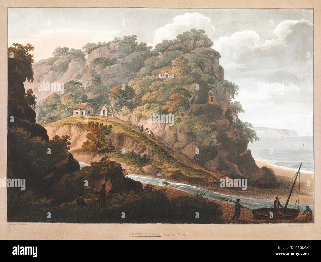 Le figure sulle rocce in primo piano; una barca su una spiaggia a destra; barche sul mare in lontananza; una figura e un cavallo su una collina; edifici nelle vicinanze. SHANKLIN CHINE, Isola di Wight. [Cambridge] : pubblicato R. Harraden e figlio, Cambridge, 1814. La puntasecca e incisione con mano-colorazione. Fonte: Mappe K.Top.15.39.b. Lingua: Inglese. Autore: Harraden, Richard. Foto Stock